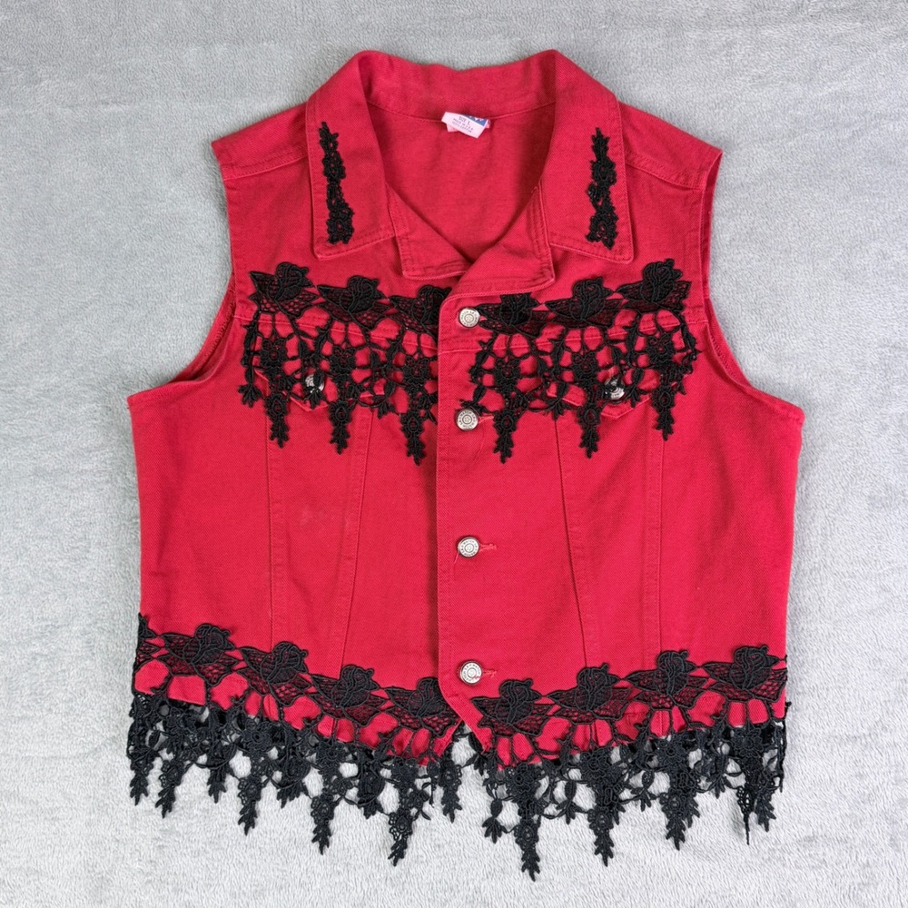 Watch L.A. Vintage Red Denim Lace Vest Womens Large Black Crochet Trim Goth USA